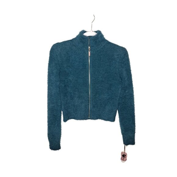 SINCERELY JULES NWT Women’s Medium Teal Fuzzy Full Zip Mock Neck Jacket - Picture 1 of 8